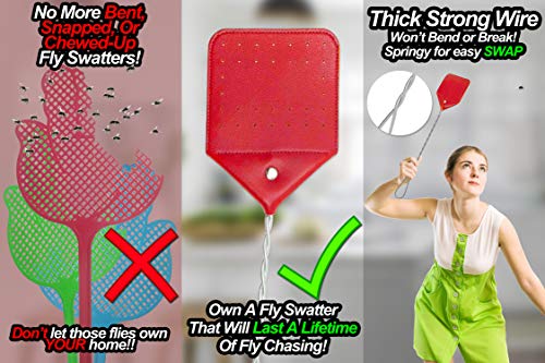 NextClimb Fly Swatters Heavy Duty 21" - Scarlet Red Leather Fly Swatter - Made with Thicker Wire - Best Fly Swatter to get rid of Flies, Bugs, Mosquitos (2-Pack) - Thumbnail 2
