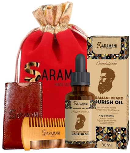 Saramani Beard Grooming Kit for Men – 30ml Sandalwood Beard Oil + Wooden Beard Comb with Vegan Leather Case – Natural Beard Care for Growth, Softening & Conditioning