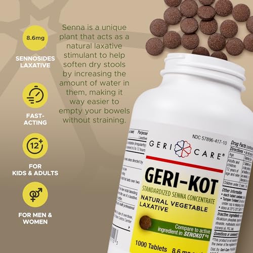 Image of Geri-KOT Senna Laxative & Stool Softener Tablets, 1000ct| Natural Vegetable Stimulant Laxative| Smooth Bowel Movement Senna Tablets| Fast-Acting, Gentle Constipation Relief| 8.6mg Sennosides
