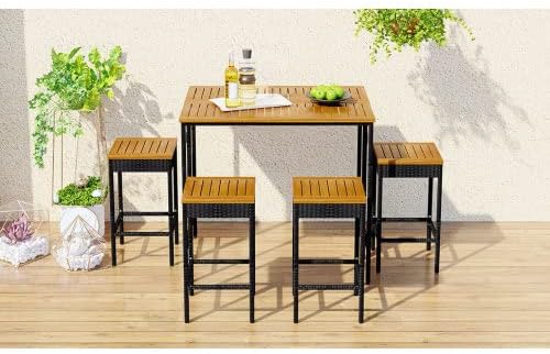 PE Rattan Wicker Dining Table with an Acacia Wood Tabletop 5-Piece Garden Wicker Bar Set