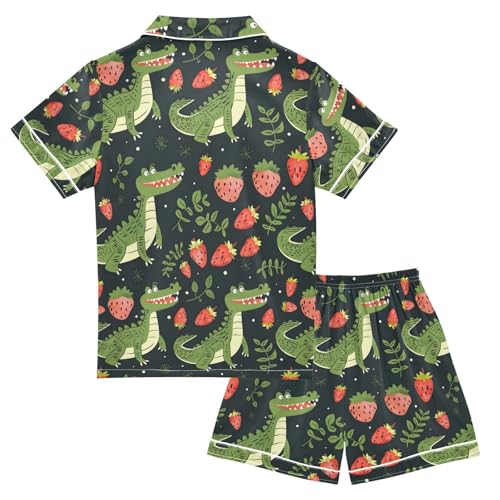 ALAZA Crocodile Strawberry Black Satin Pajamas Set Short Sleeve Button Down Sleepwear Summer Pjs 2 Piece2