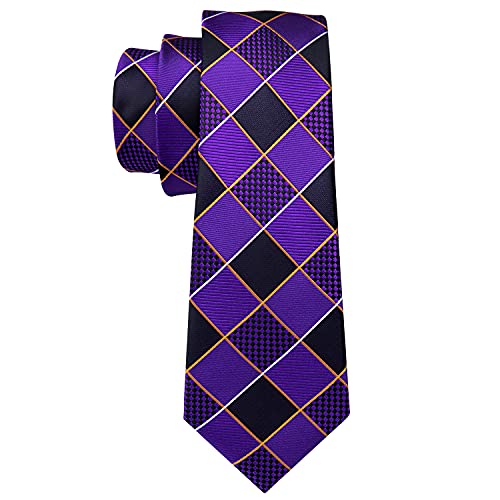 Image of Barry.Wang Plaid Ties Check Mens Necktie Set with Handkerchief Cufflinks Classic Stripe