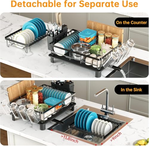 Image of 2 Tiers Dish Drying Rack, Space-Saving Dish Racks for Kitchen Counter, Dish Drainer Drying Rack with Drainboard, Utensil Holder Cups Holder and Adjustable Swivel Spout, Black
