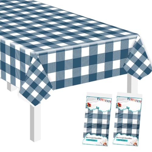 Image of SietDESEO 2 Pack Blue and White Checkered Tablecloth 54 x 108 Blue Gingham Table Cloth Premium Disposable Plastic Picnic Table Cover for Party Birthday Wedding Rectangle Buffalo Plaid Tablecloth