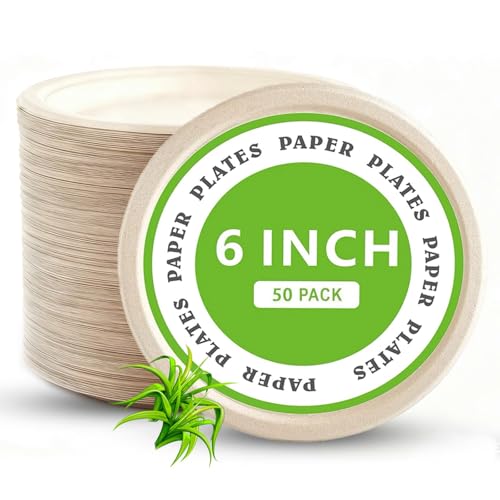 Image of 6 Inch Disposable Paper Plates 50 Pack, Heavy Duty Bagasse Plate | Eco Friendly Bagasse Plates with Strong Durability, Leak Resistance, Microwave Safety for Desserts,Meals,Parties,Picnics