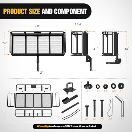 Image of Nilight 60 inch x 24 inch x 14.4 inch Carrier with Stabilizer Fits 2-inch Receiver 500 Lbs Heavy Duty Capacity Luggage Basket Fold Up for SUV Pickup Camping Traveling Capacity Basket