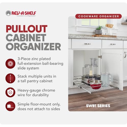 Image of Rev-A-Shelf Steel Wire Pullout Drawer Organizer Shelf for Kitchen Cabinets, Slide Out Storage Basket, Min Opening Width of 17.5 inch, 18 inch x 20 inch, 5WB1-1820CR-1