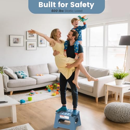 Image of HBTower Folding Step Stool 9 Inch - Holds 600 lb, Non-Slip Surface & Carry Handle - Sturdy Step Stool for Kids, Toddlers & Adults - Compact Foldable Foot Stool for Kitchen, Bathroom, Bedroom(Blue)