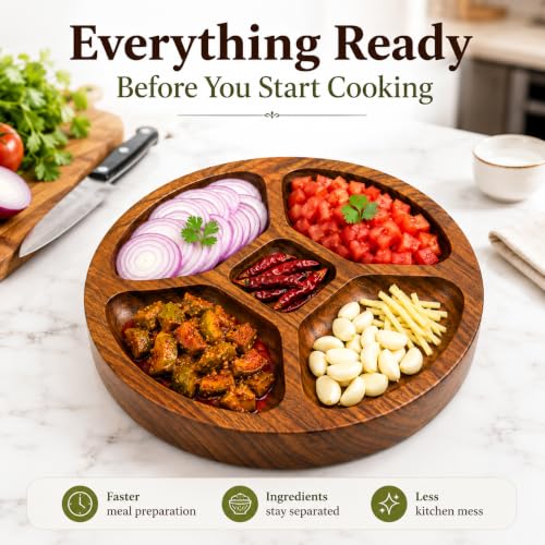 Image of Wooden Kitchen Preparation Tray | Wooden Vegetable & Masala Organizer | Chopping Prep Board with 5 Compartments | Dry Fruit, Snack & Spice Serving Tray | 10 Inch (Preparation Tray)