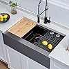 SHACO 33 Inch Black Stainless Steel Farmhouse Sink, Gunmetal Black Farmhouse Kitchen Sink, 33x20x9 Single Bowl Ledge Workstation Sink, Apron Front Farm Sink with Cutting Board