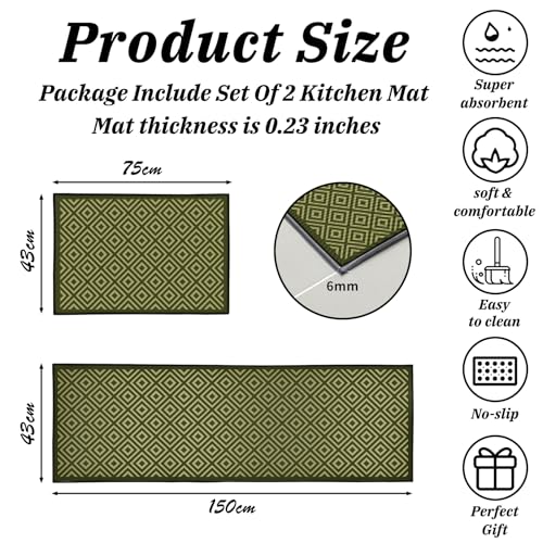 Kitchen Rug 2 Piece Set,Non-Slip Absorbent and Washable Runner Rug,Geometric Kitchen Floor Mat for Kitchen, Home, Office, Sink, Laundry (B-Green, 43x150cm+43x75cm) - Image 3