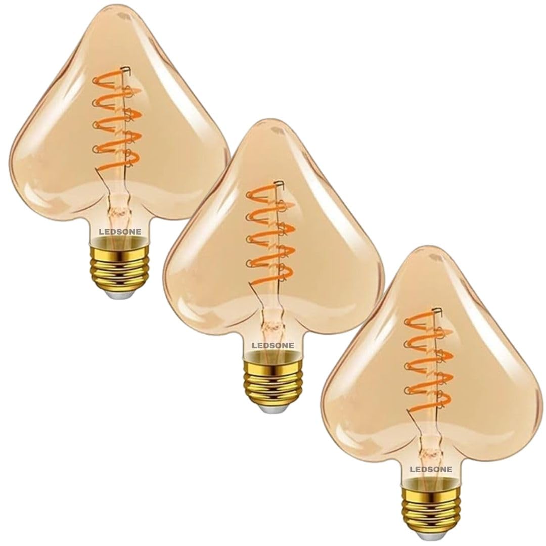 LEDSone E27 LED Vintage Light Bulb, Screw 4W Edison Heart Shape Spiral LED Filament Bulb, Retro Amber Glass Decorative Light Bulbs, Warm White 2700K [Energy Class A] - Pack of 3