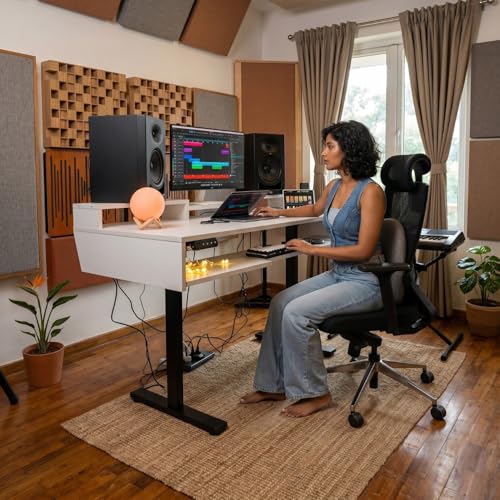 Image of TEKAVO Kreate Studio Table Height Adjustable Music Production | Monitor Riser + Long Keyboard Tray | Desk for Editing Studio, Gaming, Workstation | White, Metal | 153L x 76.5 W x 70 to 120H CM | DIY