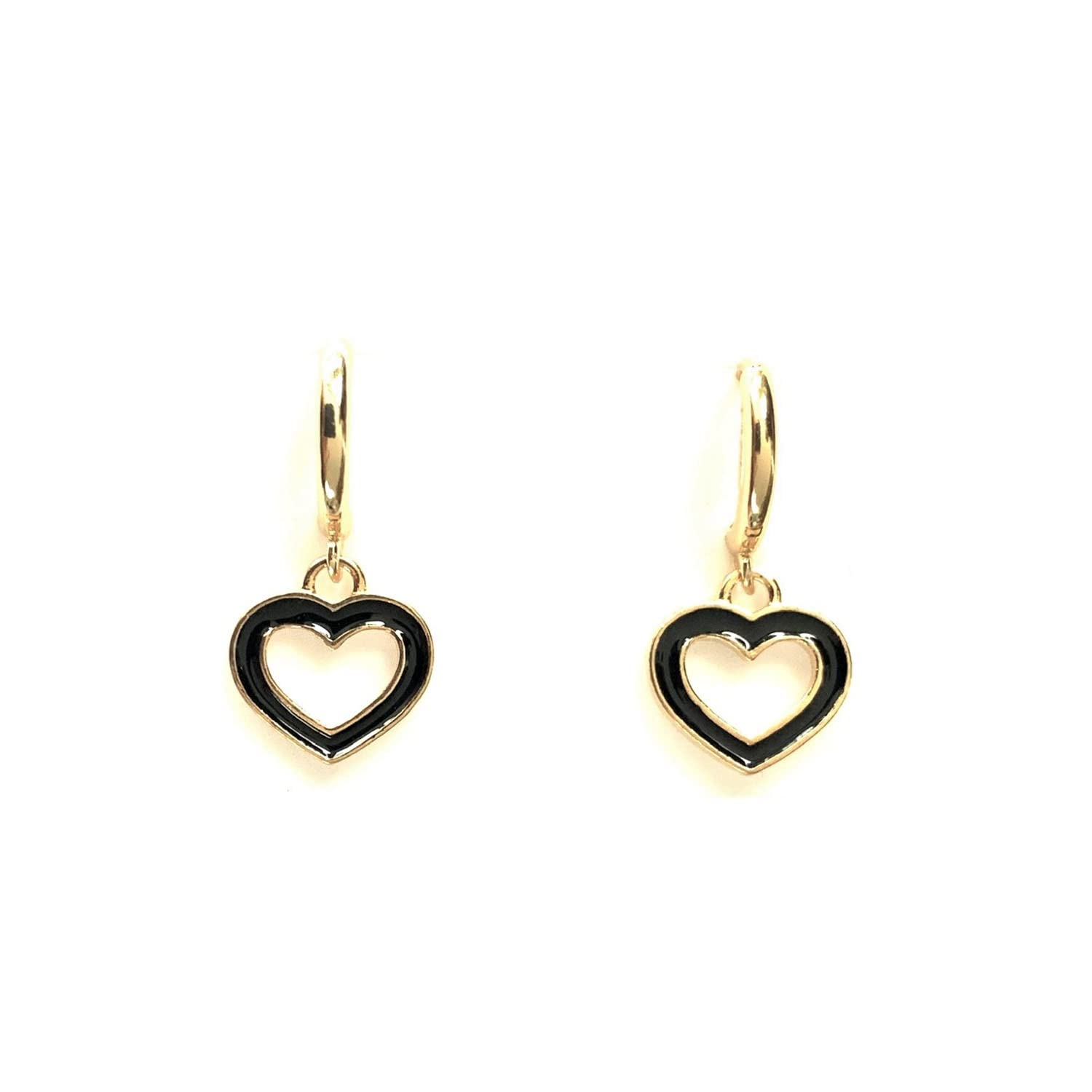 ASTER ALHELÍPendientes Mujer Chapados en Oro Corazones Negros - Aros con Colgante en Forma de Corazón - Cómodos y ligeros - Perfectos para Regalo