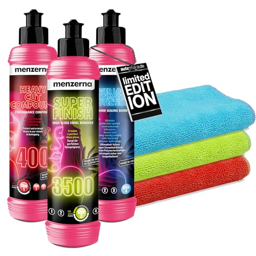 Auto Politur & Versiegelung Set | Menzerna Heavy Cut Compound 400 gegen Kratzer + Super Finish 3500 Hochglanzpolitur + Power Lock Ultimate Protection + 3x Poliertuch 40x40cm | Autopolitur