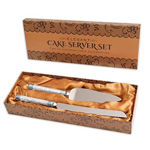 Cake Knife And Server Set With Silver Glittering Bead Handles - Packaged in a Gift box-Top Gift Idea!- Elegant Stainless Steel Silverware For Weddings, Birthdays, Anniversaries