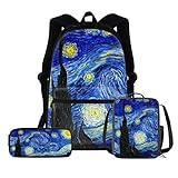 WELLFLYHOM Van Gogh The Starry Night Girls School Backpack for Kids Boys Elementary Primary Student Book Bag with Lunch Box Pencil Case Teens Schoolbags Back Packs Satchel for Travel Daypack