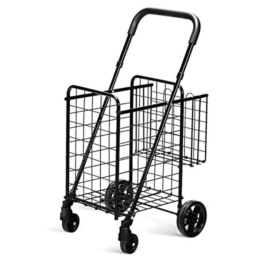 Goplus Folding Shopping Cart Double Basket Perfect for Grocery Laundry Book Luggage Travel with Swivel Wheels