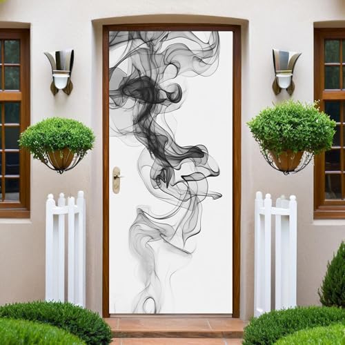 Gris-Negro 3D Puerta Murales Pegatinas Curva de humo abstracta Papel Pintado Puertas Autoadhesivo Vinilos,para Cocina Sala deBaño Decorativos 77x200 cm