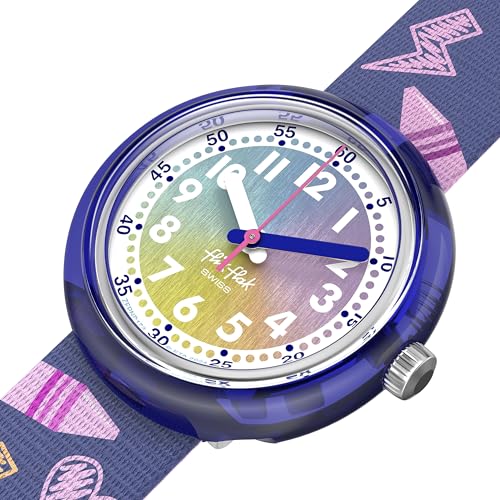 Flik Flak Girl Kids Watch Casual Purple Bio-sourced Water Resistant Quartz Rainbow Crayons3