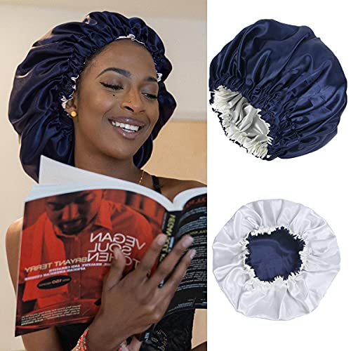 Adjustable Satin Bonnet For Curly Hair Bonnets For Sleeping satin ï¼ŒDouble Layer, Reversibleï¼ŒWoman Kids Satin Bonnet For Braids Long Curly Hair Charmeuse Satin Hair Bonnet For Sleeping(Navy blue/White,1 piece)