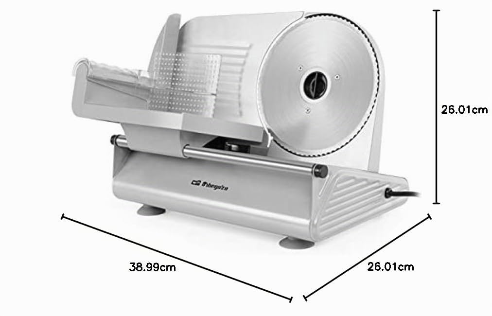 Orbegozo MS 4570 Cortafiambres eléctrico con cuchilla de acero inoxidable, Ajuste de grosor de corte y deslizador de seguridad extraíble, 150 W