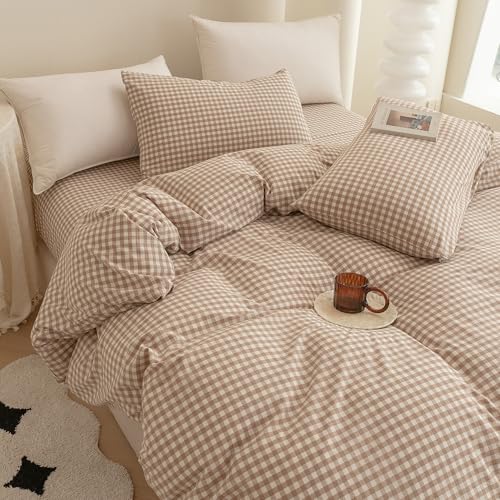 Image of ECOCOTT Gingham Duvet Cover King Size 100% Washed Cotton Like Linen Feel Super Soft & Comfy Bedding Set Modern Checkered Design for All Seasons