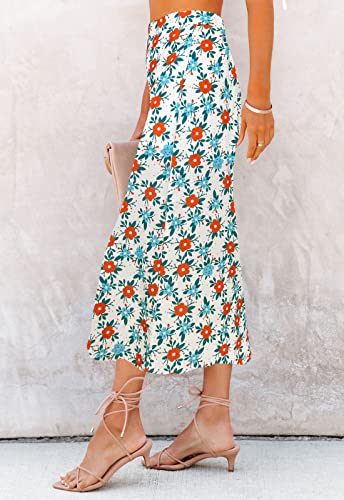 Image of HERBATOMIA Women's Floral Print Midi Skirt Casual High Elastic Waist Zipper Vintage Long Boho Skirts for Women