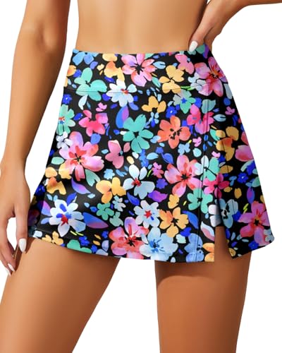 Image of Women Swim Skirt Tummy Control Swimsuit Skirt with Built-in Shorts High Waisted Split Swim Bottom (Available in Plus)