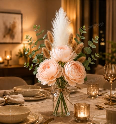 Image of Divyakosh Artificial Flowers for Vase (Vase Not Included) Light Peach Peony Bouquet with Eucalyptus, Bunny Tails & Pampas Grass for Living Room, Table Centerpiece, Home Decor
