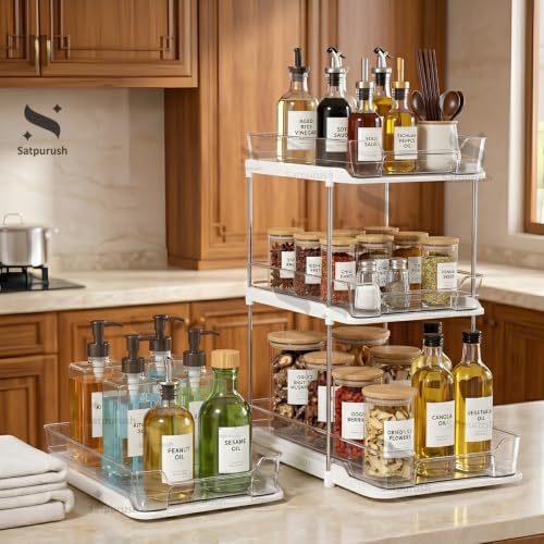 Image of Satpurush 2 Tier Kitchen Organizer Rack for Countertop, Space Saving Multipurpose Organiser with Transparent Trays for Spice Jars, Oil Bottles & Containers, Large + Compact, Clear