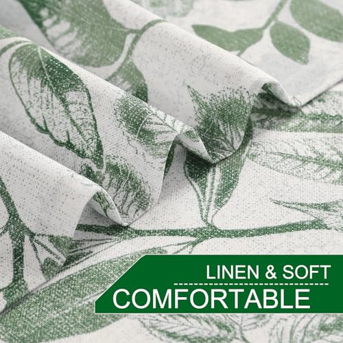 Image of Green Leaf Light Filtering Window Curtains, 55 inch Wx84 Lx2 | Leaves Botanical Pattern, Linen Blend Semi Sheer Panels, Grommet Top, Natural Texture Privacy Drapes for Living Room Bedroom