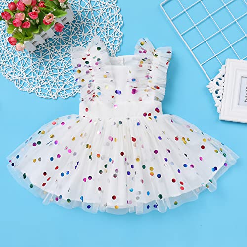 Fymnsi Newborn Baby Girls Tulle One Piece Romper Dress Colorful Polka Dots Print Ruffles Sleeve Bodysuit Toddler Girl Tutu Dress Birthday Photography Summer Clothes Colorful Polka Dot 12-18 Months thumb #1