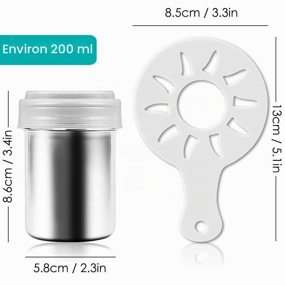 Pot à Lait Barista en Acier Inoxydable de 350 ml Avec Mesure Mark 12oz, Pot à Mousse de Lait avec Saupoudreur de Cacao, 16 Pochoirs et Stylo pour Cappuccino et Expresso,Blanc