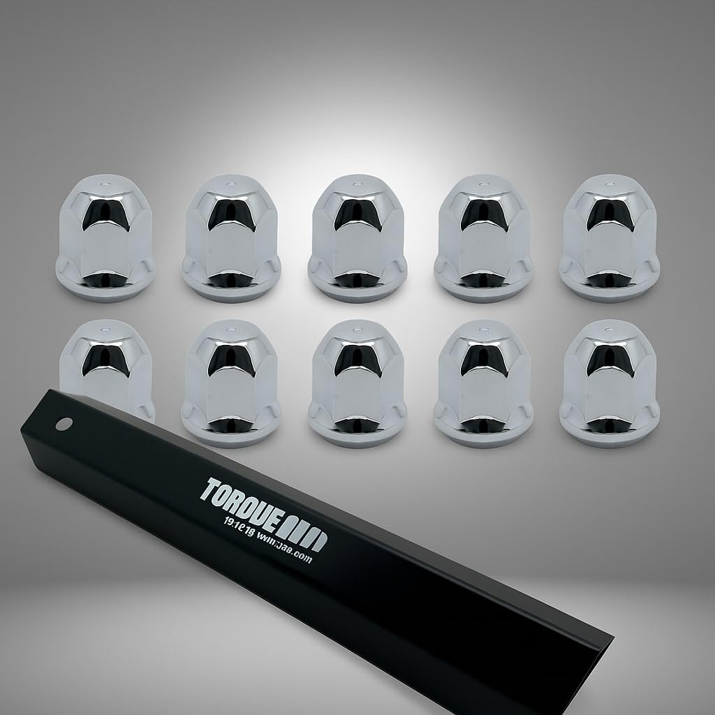 TORQUE Remover Tool Socket w/ 10 Pack Luxury Lug Nut Covers for Semi Truck 33 mm Lug Nuts (Universal Fit) for Volvo & Peterbilt & Kenworth & Mack & Freightliner Semi Trucks (TR10259)