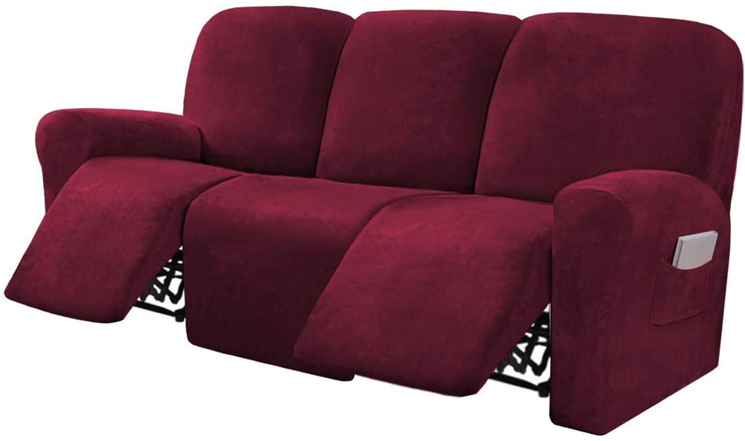 LINFKY 8-Pieces Stretch Velvet Recliner Sofa Cover Reclining Couch Covers for 3 Seater Couch Furniture Covers for Recliner with Side Pocket, Soft Thick Form Fitted (Wine Red)