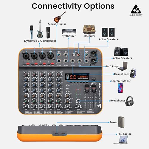 Image of Audio Array 8-Channel Hybrid USB Audio Mixer with 8 Analog + 2 Digital Inputs, 48kHz /16-Bit Processing, +50dB Gain, Combo XLR, Phantom Power, Hi-Z, 3-Band EQ, 99 DSP FX, Balanced XLR Output | AI-14