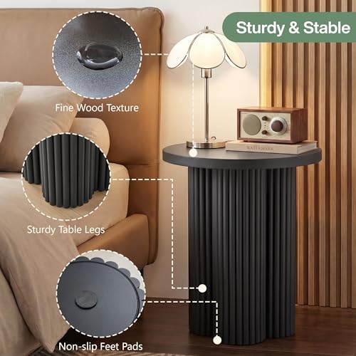 Image of Round Fluted End Table, 17.7'' Mid Century Modern Side Table, Circle Bedside Tables Drink Table Wood Nightstand for Small Spaces, Living Room (Black-1PCS)