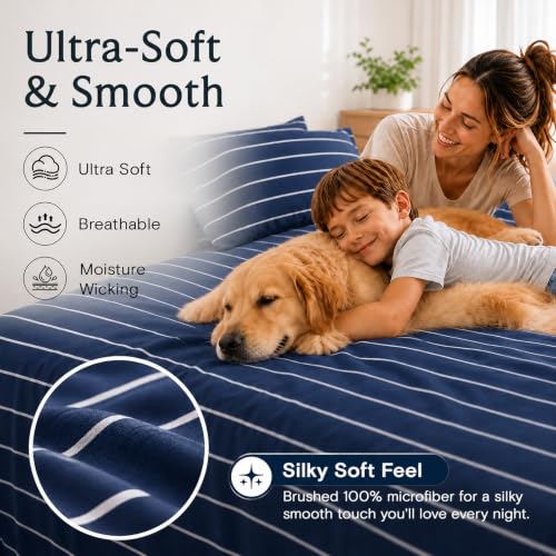 Image of King Striped Sheets Set, Deep Pocket Soft & Cooling Bed Sheet Set, 4PC