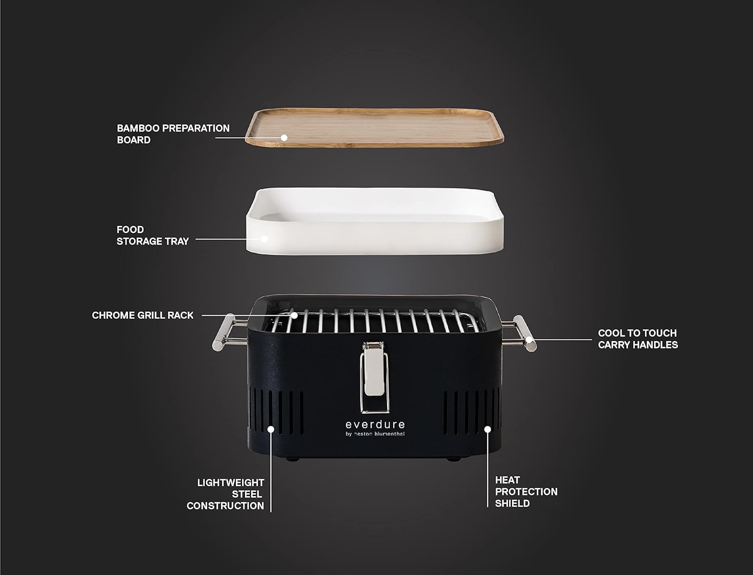 Everdure by Heston Blumenthal Cube Portable Charcoal BBQ Grill, Compact Travel Barbecue with Bamboo Tray, Chrome Rack - Image 4