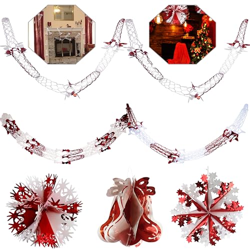 HOVUK®Christmas Hanging Ceiling,Wall Decoration Foil Garland,Bell,Ball,SnowFlake Decoration (Red/White, Set of 7 Decoration)