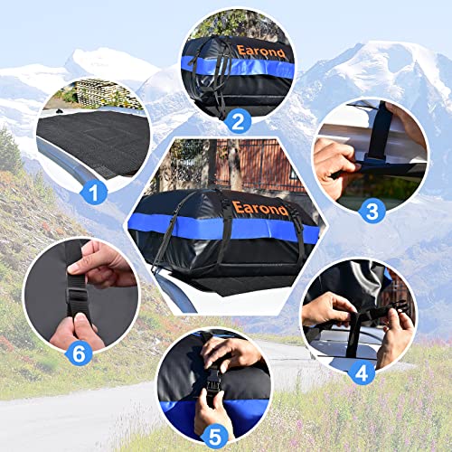 Earond Rooftop Cargo Carrier Bag,15 Cubic Ft Blue Waterproof Luggage Carrier Car Roof Bag With Anti-Slip Mat + 4 Door Hooks + Storage Bag,Soft Shell For All Vechicles With/Without Rack #TOP5
