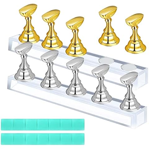 2 Set Acrylic Nail Art Practice Stand Magnetic Fingernail Tip Display Holder Manicure Tool for Salon Home DIY Training Reusable Nail Tip Holders for False Nail with Adhesive Putty Clay (Gold & Silver) Cover