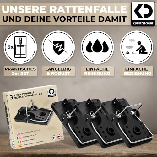 Köder-Discount: 3X Professionelle Rattenschlagfallen - Wiederverwendbare und zuverlässige Rattenfalle ohne Rattengift. Schnelle Ergebnisse, aus Kunststoff, Schwarz