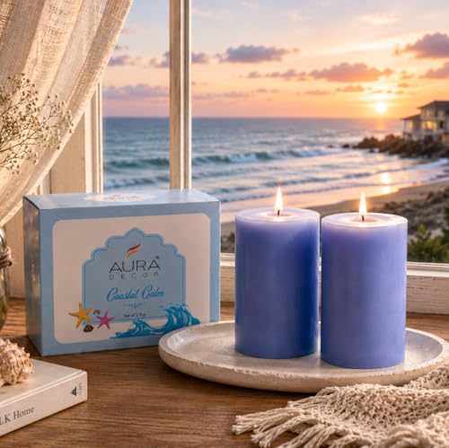 Image of AuraDecor Scented Pillar Candles Set of 2 | 25 Hours Burn Time | Essential Oil | Smokeless & Long Clear Burn | Paraffin Wax | Aromatherapy Candles for Home Decor, Relaxation & Gifting (Coastal Calm)