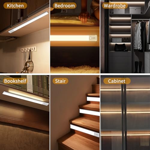 Image of Under Cabinet Lights 2 Pack,128 LED Rechargeable Battery Operated Motion Sensor Light Indoor, Magnetic Dimmable Closet Lights, Wireless Under Counter Lights for Kitchen, Stairs (Silver)