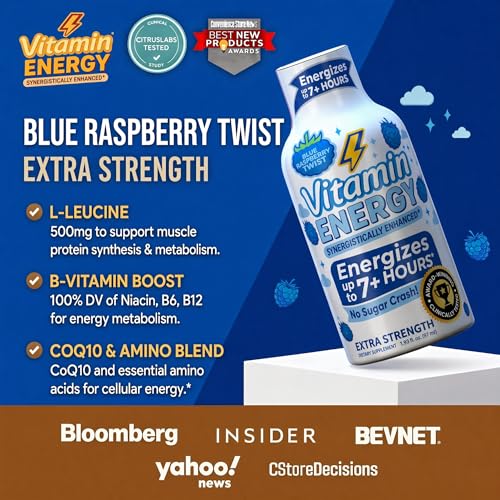 Image of Vitamin Energy Blue Raspberry Twist Extra Strength Energy Shot, 12 Pack - Up to 7 Hrs, 260mg Natural Caffeine, Zero Sugar - Electrolytes + BCAAs, Hydration, B12 B6 Niacin, 1.93 fl oz, Keto Vegan