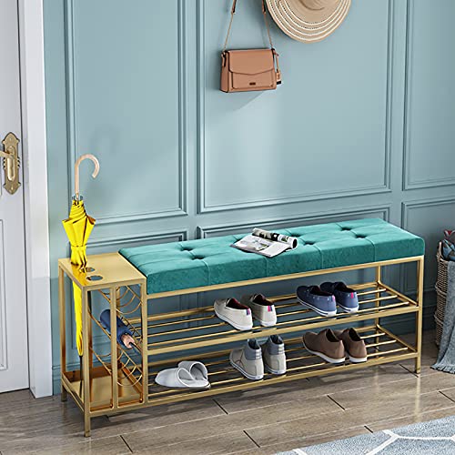 YHKJLYH Banco de Entrada de Terciopelo de Lujo con paragüero, Banco Zapatero con repisa metálica de Dos Niveles, Organizador de Zapatos Moderno para Pasillo, Verde, 80 x 30 x 45 cm (31 x 12 x 18 pul