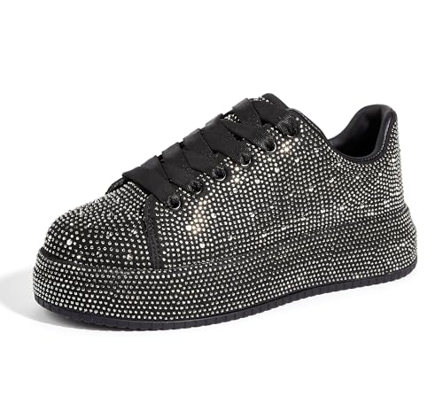 LUCKY STEP Strass-Sneaker für Damen, Plattform Funkelnde Glitzer-Bling-Tennisschuhe, Mode Hochzeit Braut Party Walking Sneakers (Schwarzer Strassstein, 8.5US-39EU-6UK)