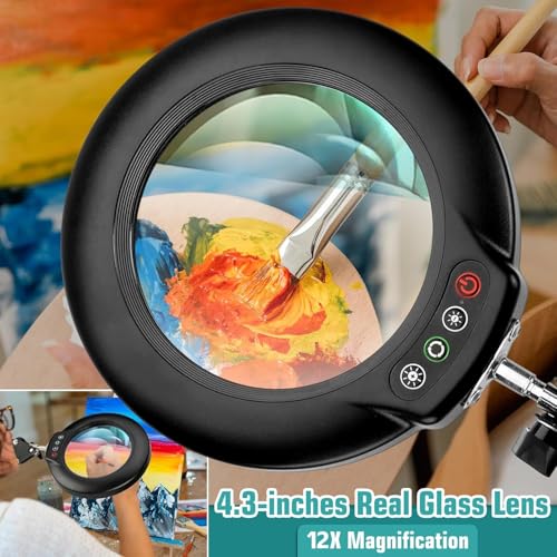 Image of 12X Magnifying Glass with Light and Stand, Real Glass Lens (Not Acrylic), 5 Color Modes, Stepless Dimmable, LED 3-in-1 Floor Lamp, Swing Arm with Clamp, Lighted Magnifier Hands Free for Craft, Reading